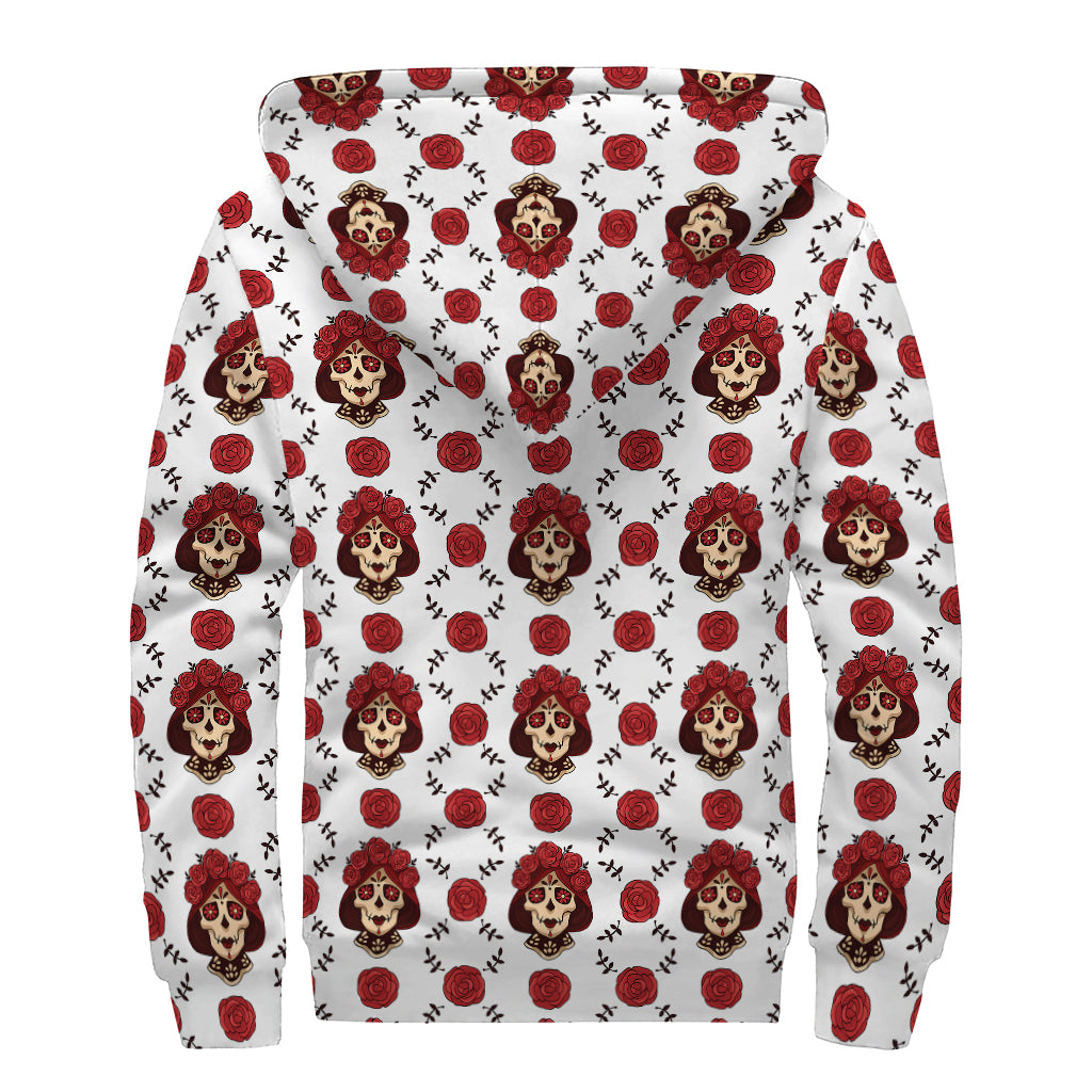 Calavera Girl Skull Pattern Print Sherpa Lined Zip Up Hoodie