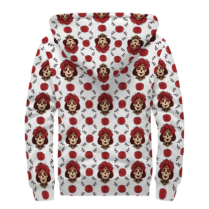 Calavera Girl Skull Pattern Print Sherpa Lined Zip Up Hoodie