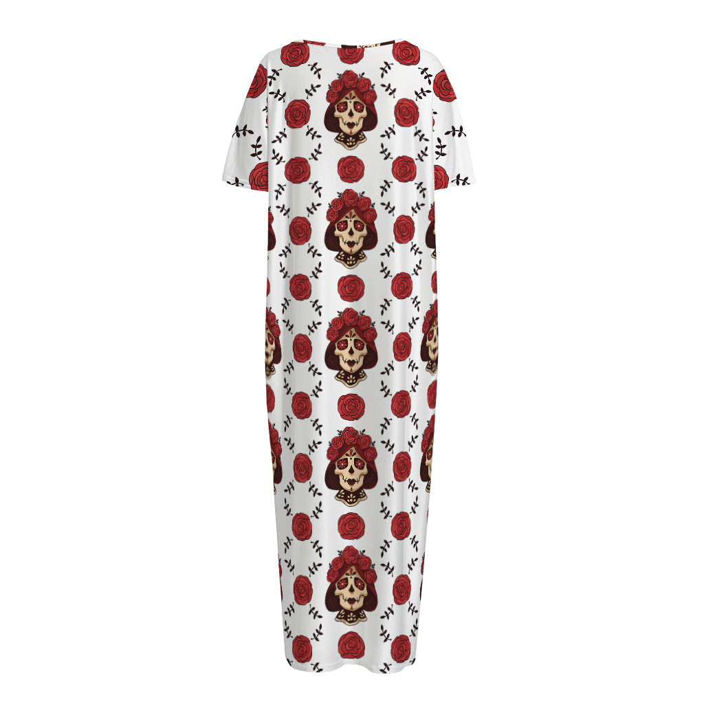 Calavera Girl Skull Pattern Print Short Sleeve Long Nightdress