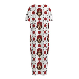 Calavera Girl Skull Pattern Print Short Sleeve Long Nightdress