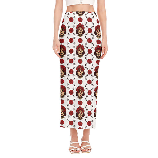 Calavera Girl Skull Pattern Print Side Slit Maxi Skirt