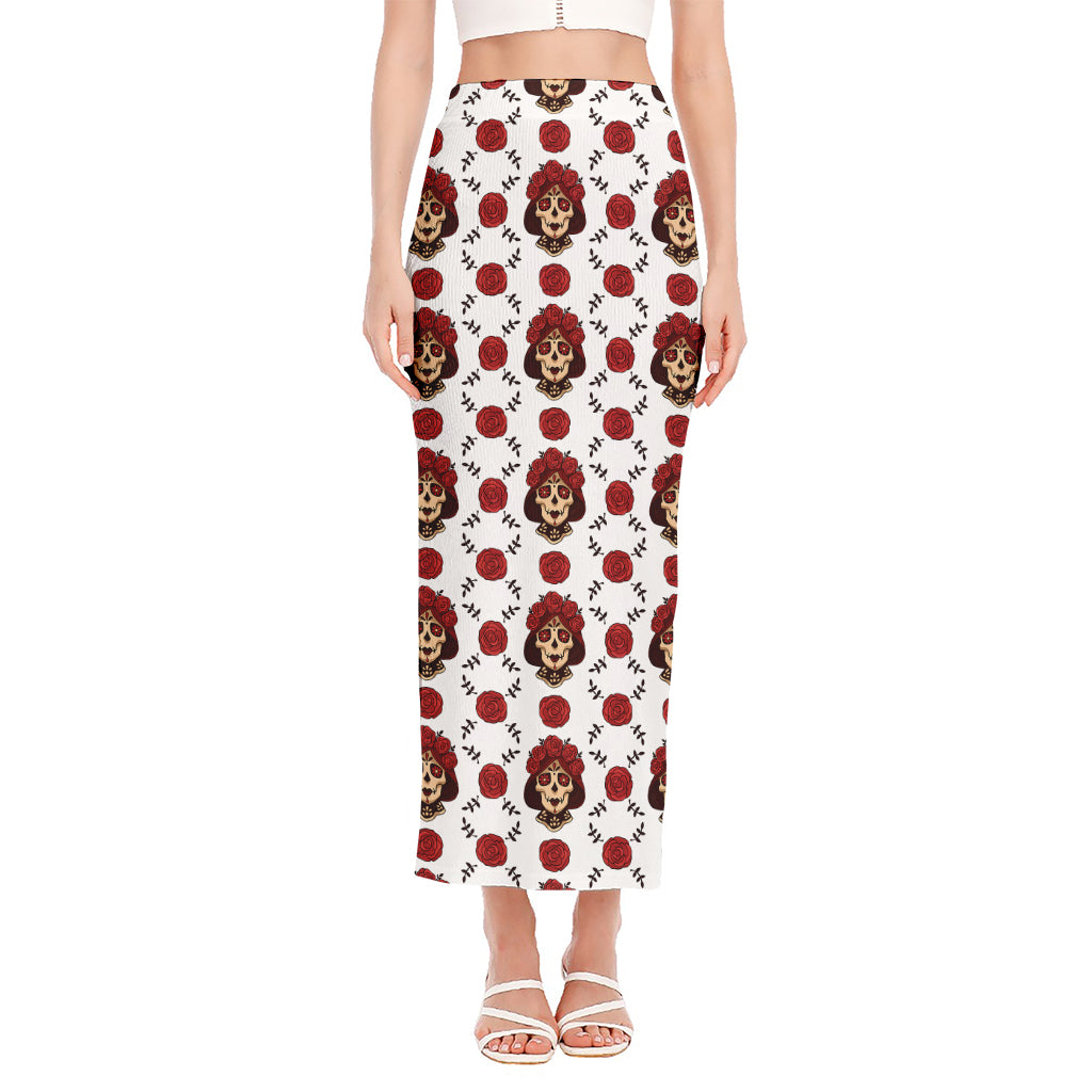 Calavera Girl Skull Pattern Print Side Slit Maxi Skirt