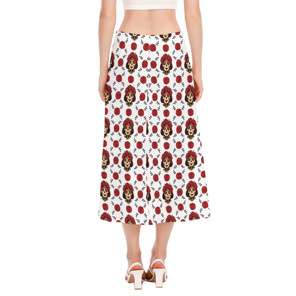 Calavera Girl Skull Pattern Print Side Slit Midi Skirt