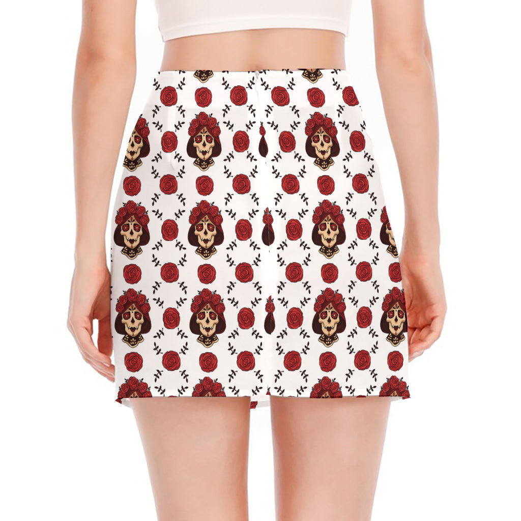 Calavera Girl Skull Pattern Print Side Slit Mini Skirt