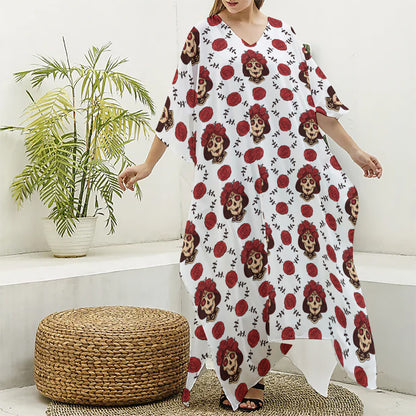 Calavera Girl Skull Pattern Print Silk V-Neck Kaftan Dress