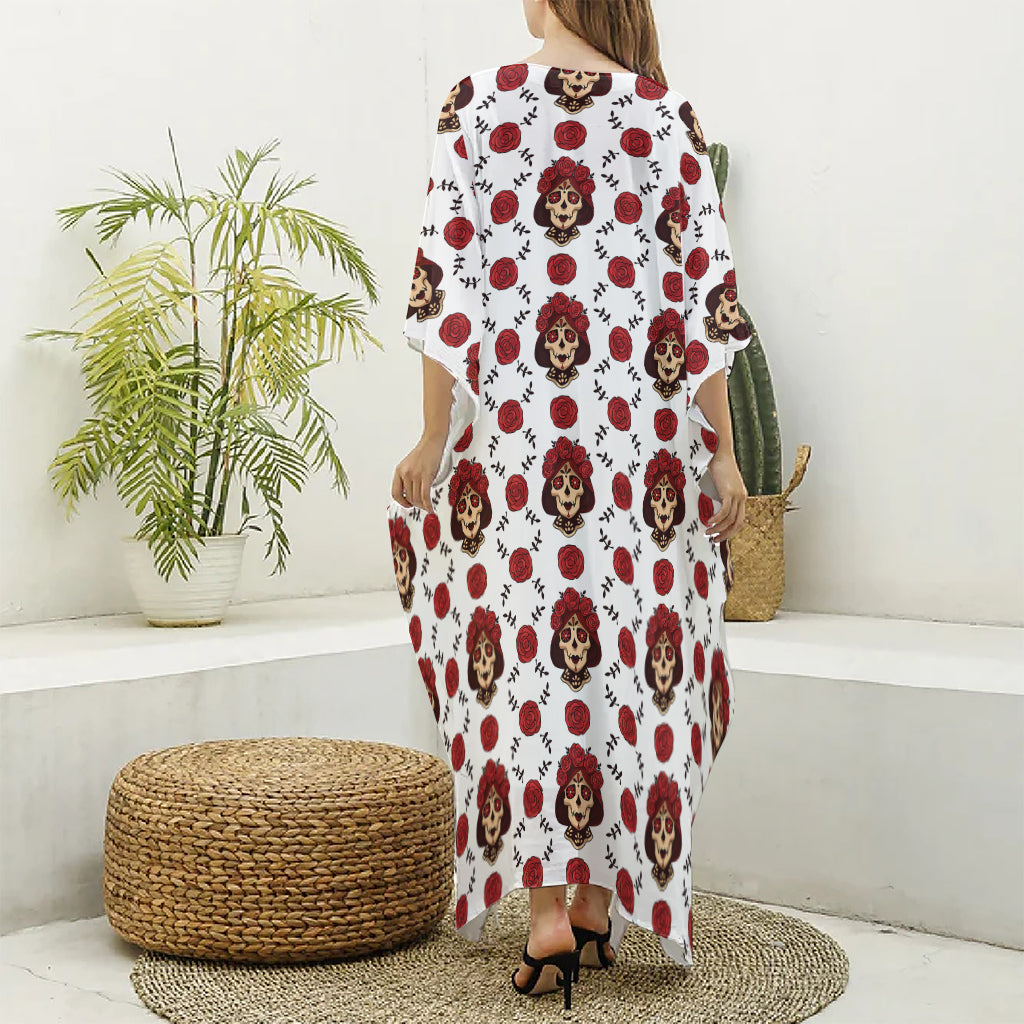 Calavera Girl Skull Pattern Print Silk V-Neck Kaftan Dress