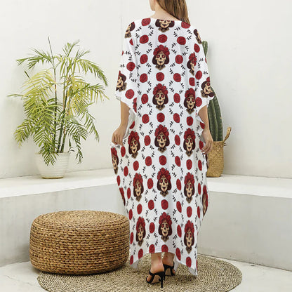 Calavera Girl Skull Pattern Print Silk V-Neck Kaftan Dress