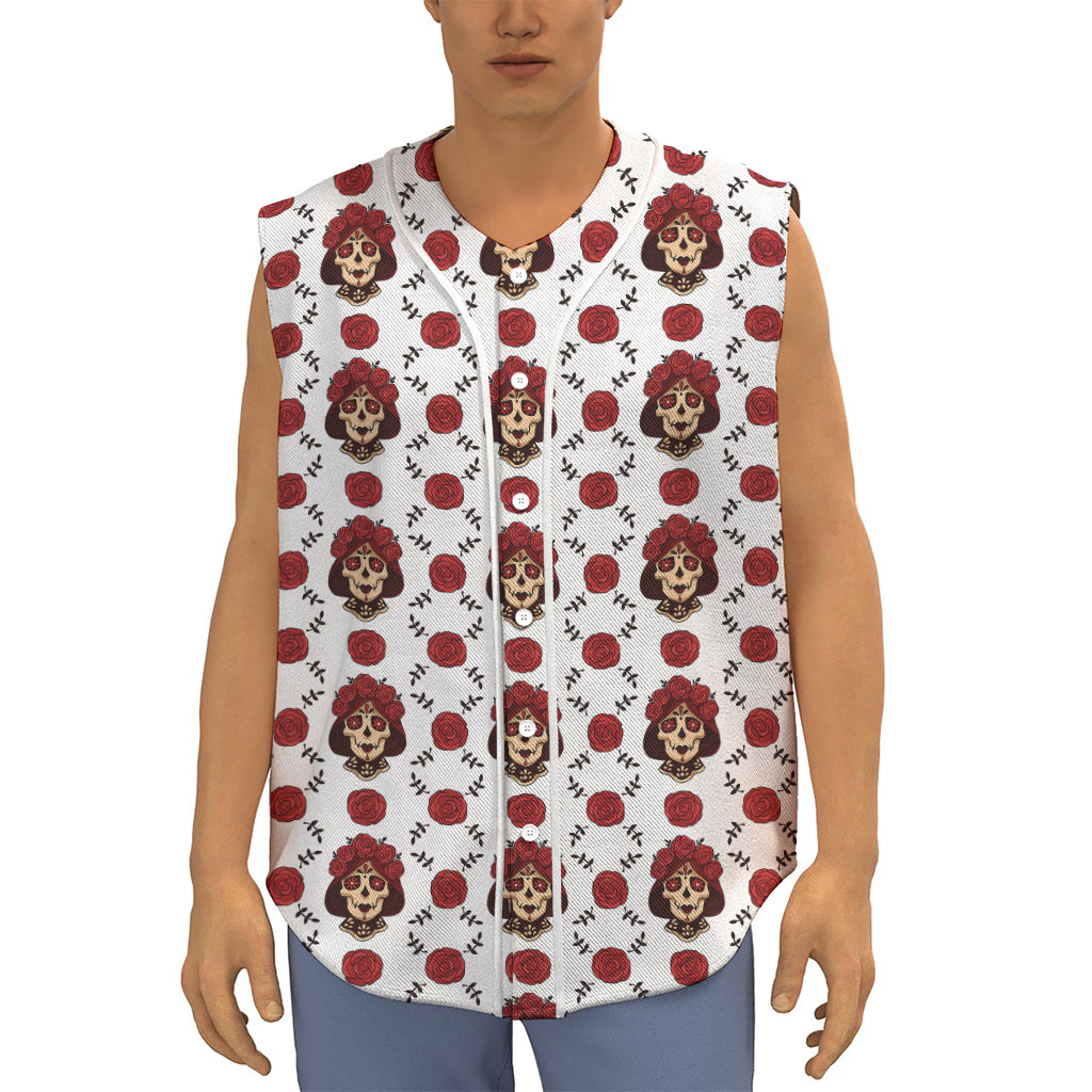 Calavera Girl Skull Pattern Print Sleeveless Baseball Jersey