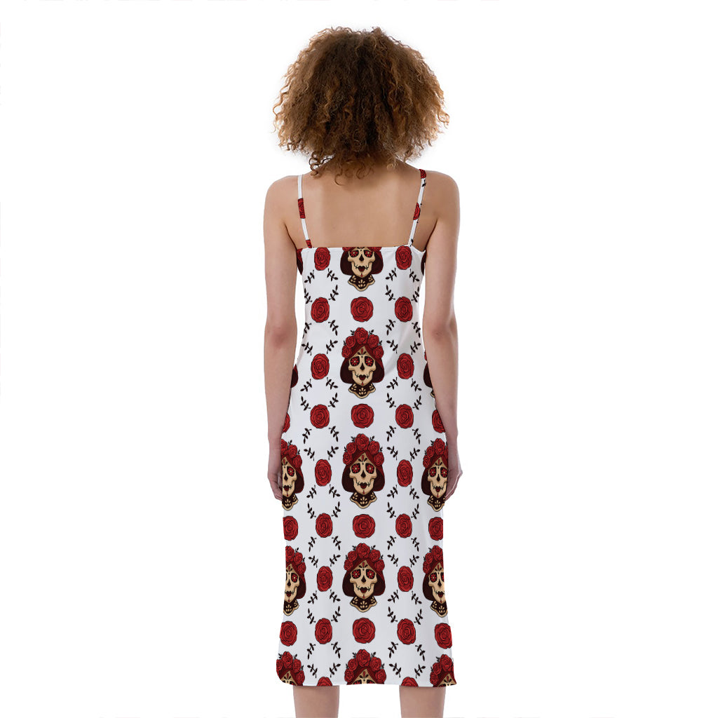 Calavera Girl Skull Pattern Print Slim Fit Midi Cami Dress