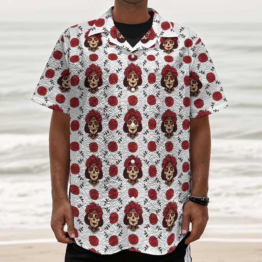 Calavera Girl Skull Pattern Print Textured Short Sleeve Shirt