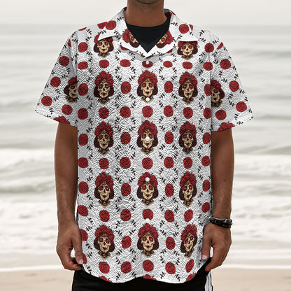 Calavera Girl Skull Pattern Print Textured Short Sleeve Shirt