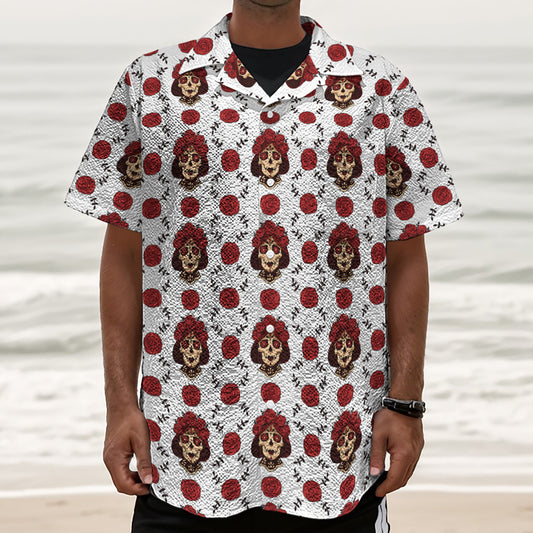 Calavera Girl Skull Pattern Print Textured Short Sleeve Shirt