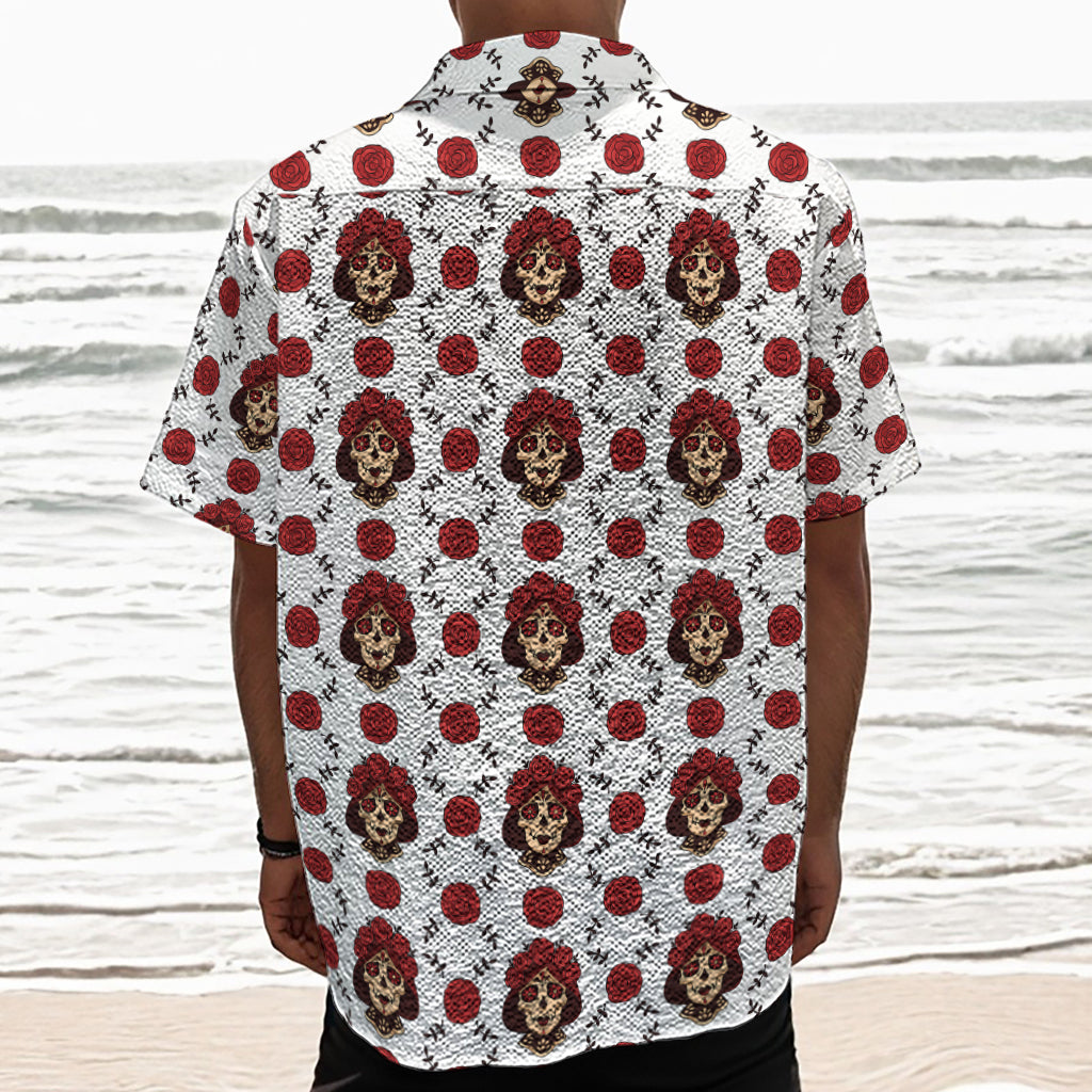 Calavera Girl Skull Pattern Print Textured Short Sleeve Shirt