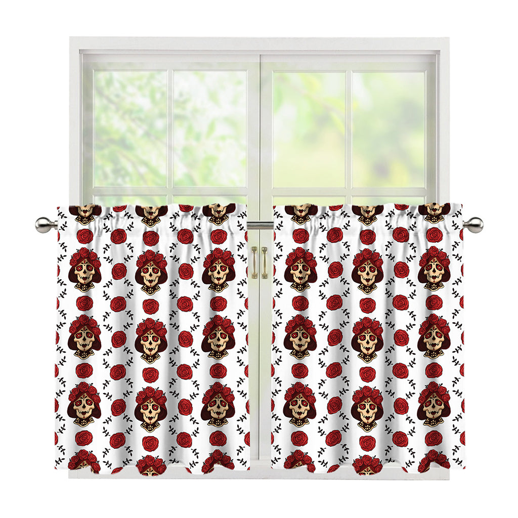 Calavera Girl Skull Pattern Print Tier Curtains
