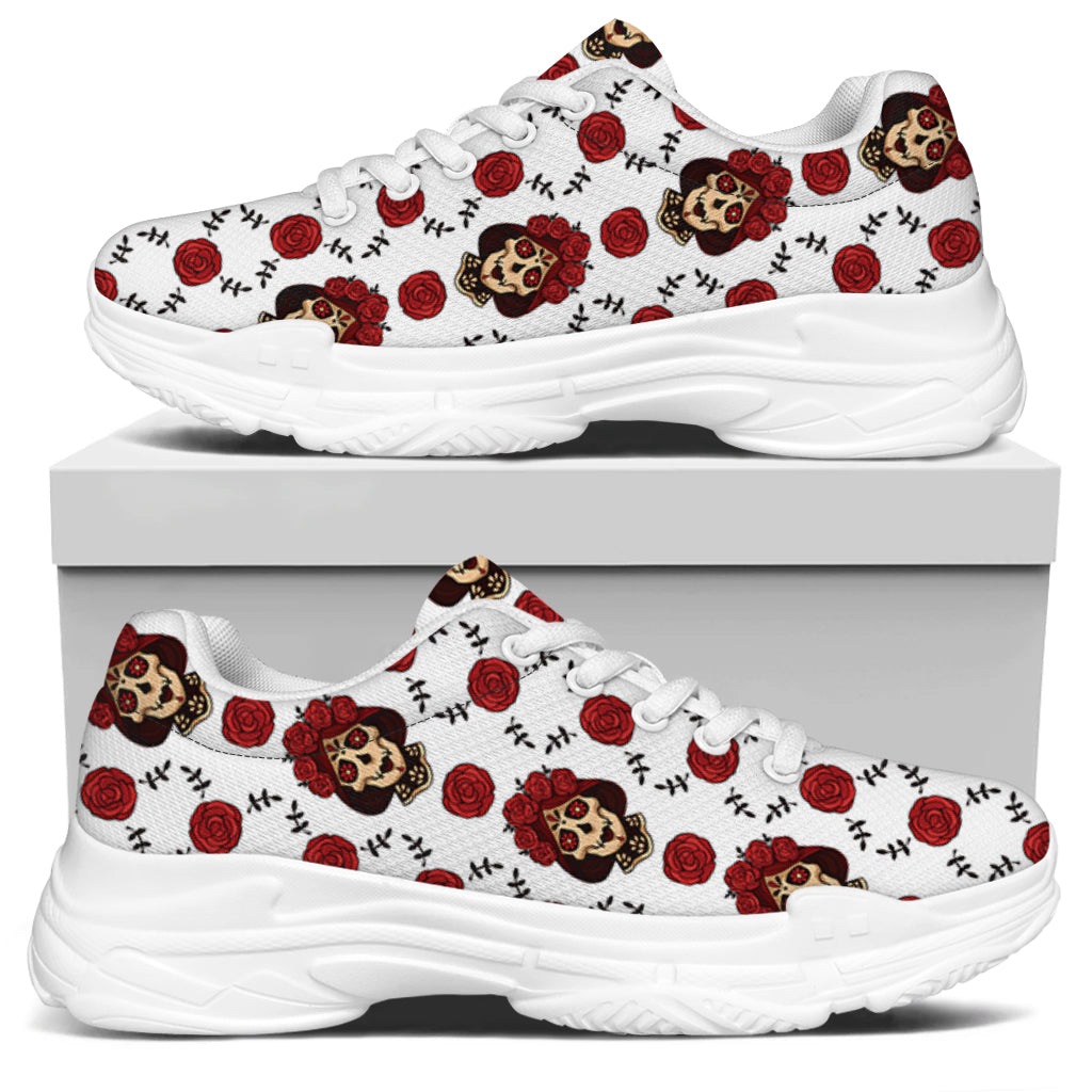 Calavera Girl Skull Pattern Print White Chunky Shoes