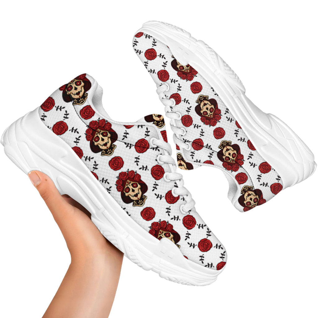 Calavera Girl Skull Pattern Print White Chunky Shoes