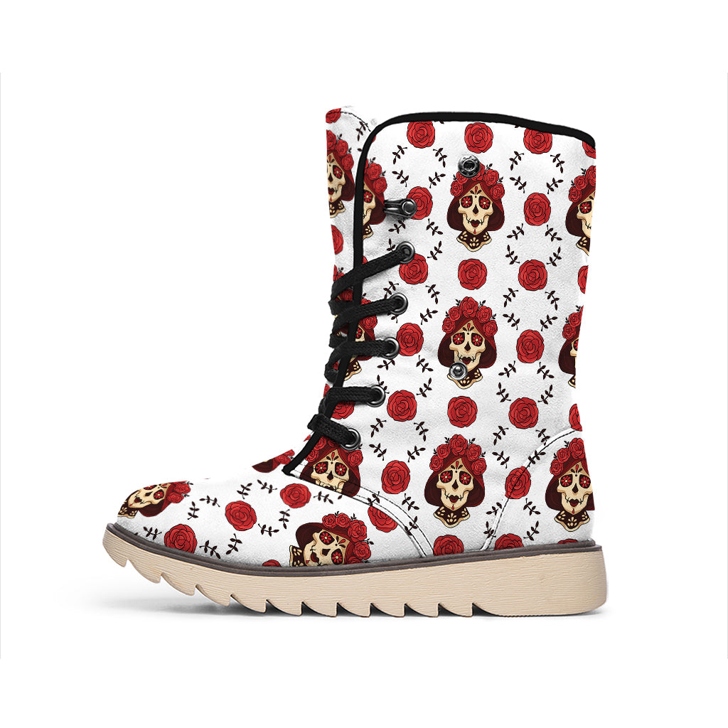 Calavera Girl Skull Pattern Print Winter Boots