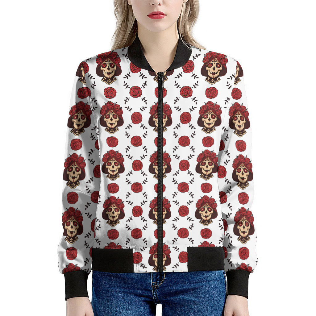 Calavera Girl Skull Pattern Print Women's Bomber Jacket