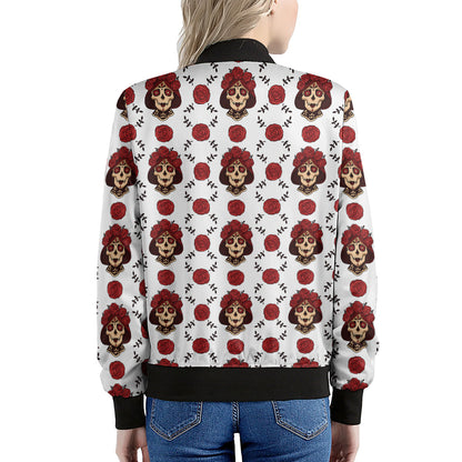 Calavera Girl Skull Pattern Print Women's Bomber Jacket