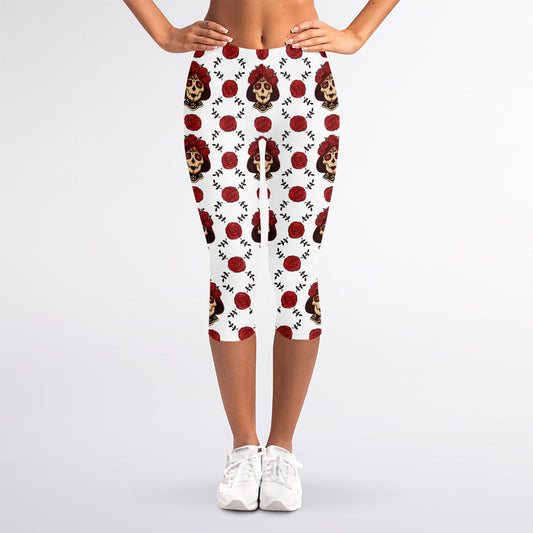 Calavera Girl Skull Pattern Print Women's Capri Leggings