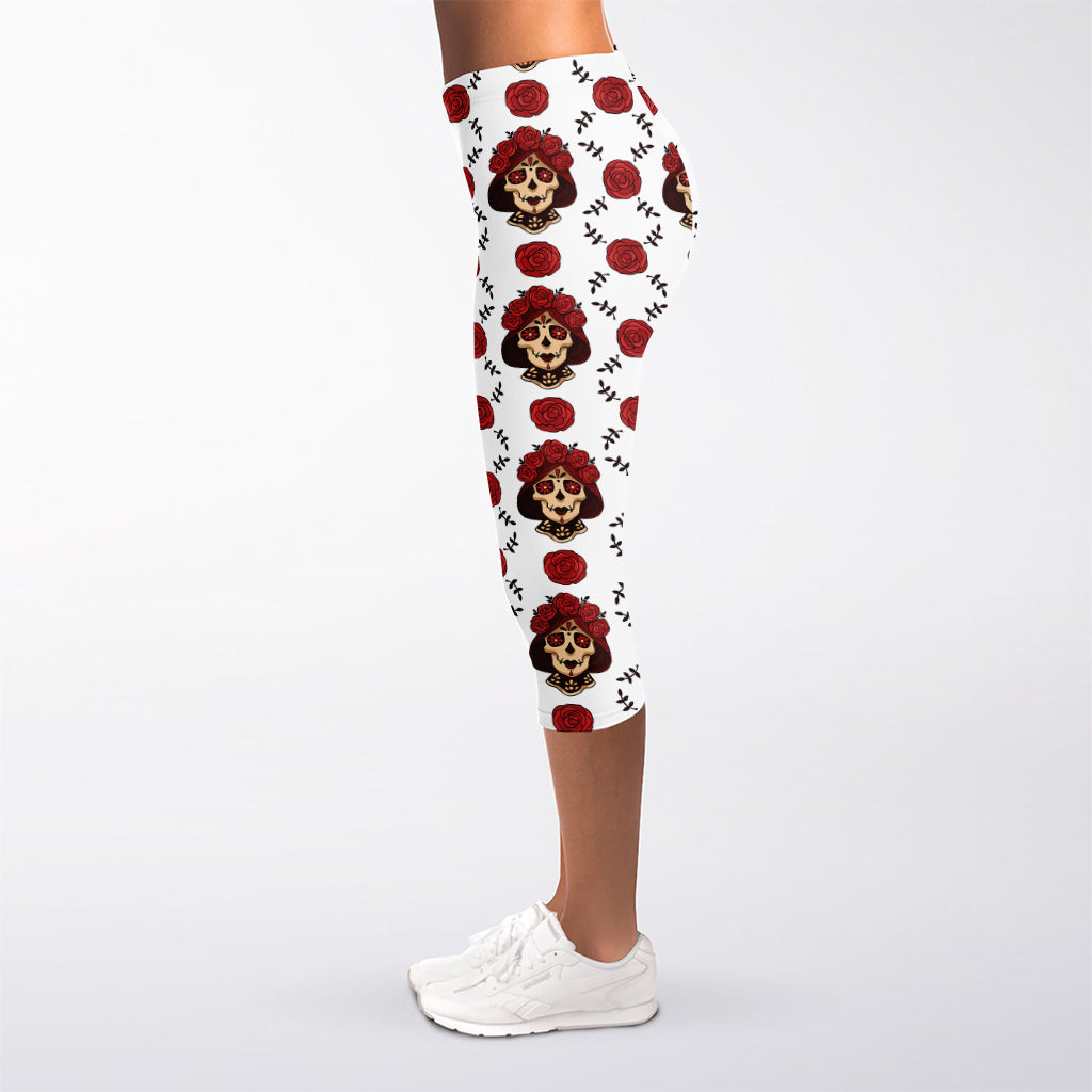 Calavera Girl Skull Pattern Print Women's Capri Leggings