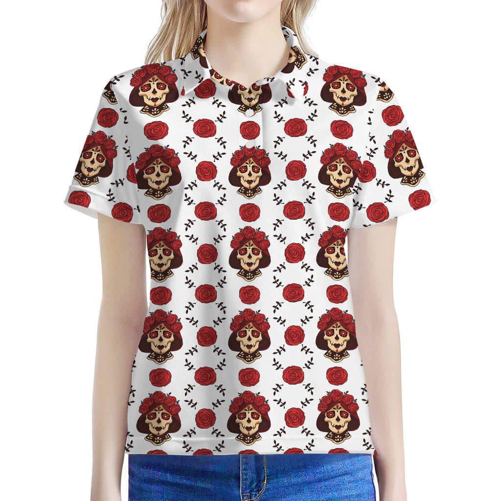 Calavera Girl Skull Pattern Print Women's Polo Shirt