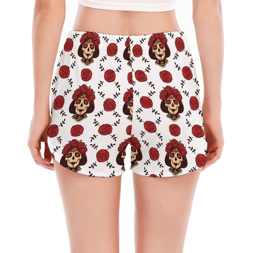 Calavera Girl Skull Pattern Print Women's Split Running Shorts