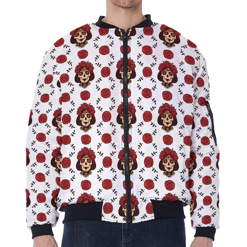 Calavera Girl Skull Pattern Print Zip Sleeve Bomber Jacket