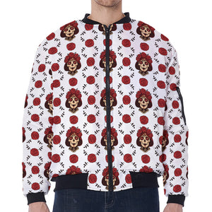 Calavera Girl Skull Pattern Print Zip Sleeve Bomber Jacket