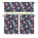 Calaveras Day Of The Dead Pattern Print 3 Piece Kitchen Curtains