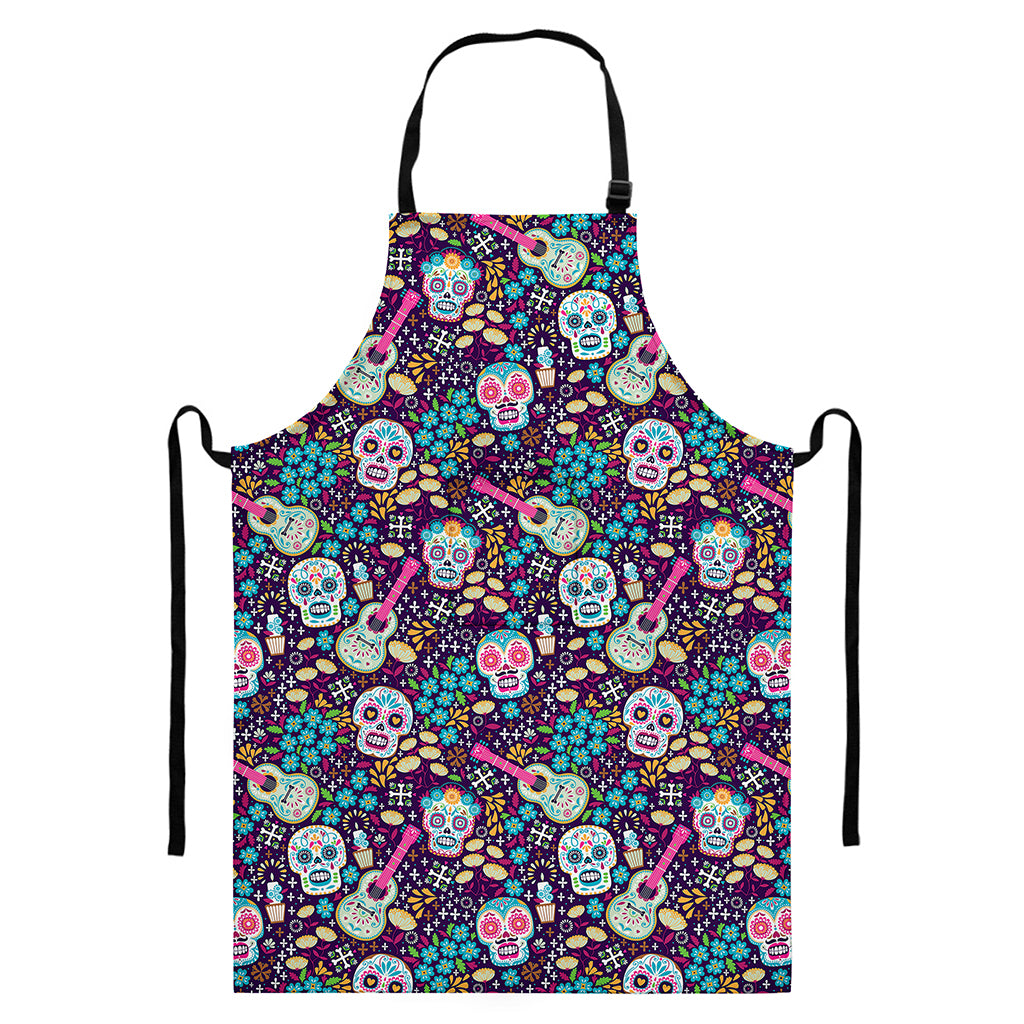 Calaveras Day Of The Dead Pattern Print Bib Apron With Pocket