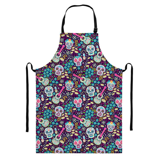 Calaveras Day Of The Dead Pattern Print Bib Apron With Pocket