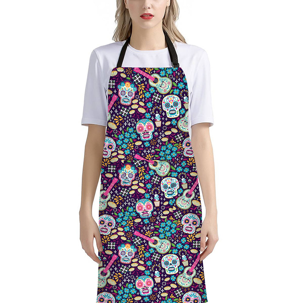 Calaveras Day Of The Dead Pattern Print Bib Apron With Pocket