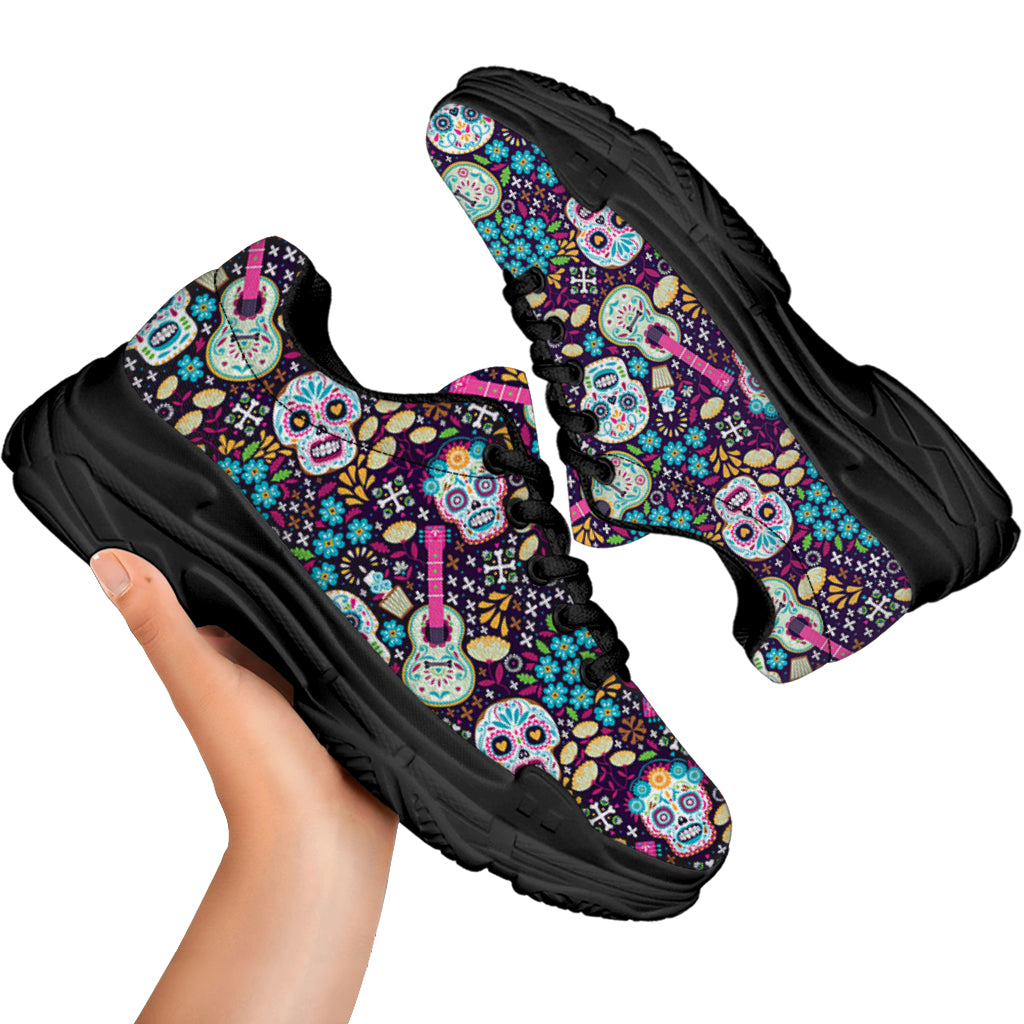 Calaveras Day Of The Dead Pattern Print Black Chunky Shoes