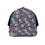 Calaveras Day Of The Dead Pattern Print Black Mesh Trucker Cap