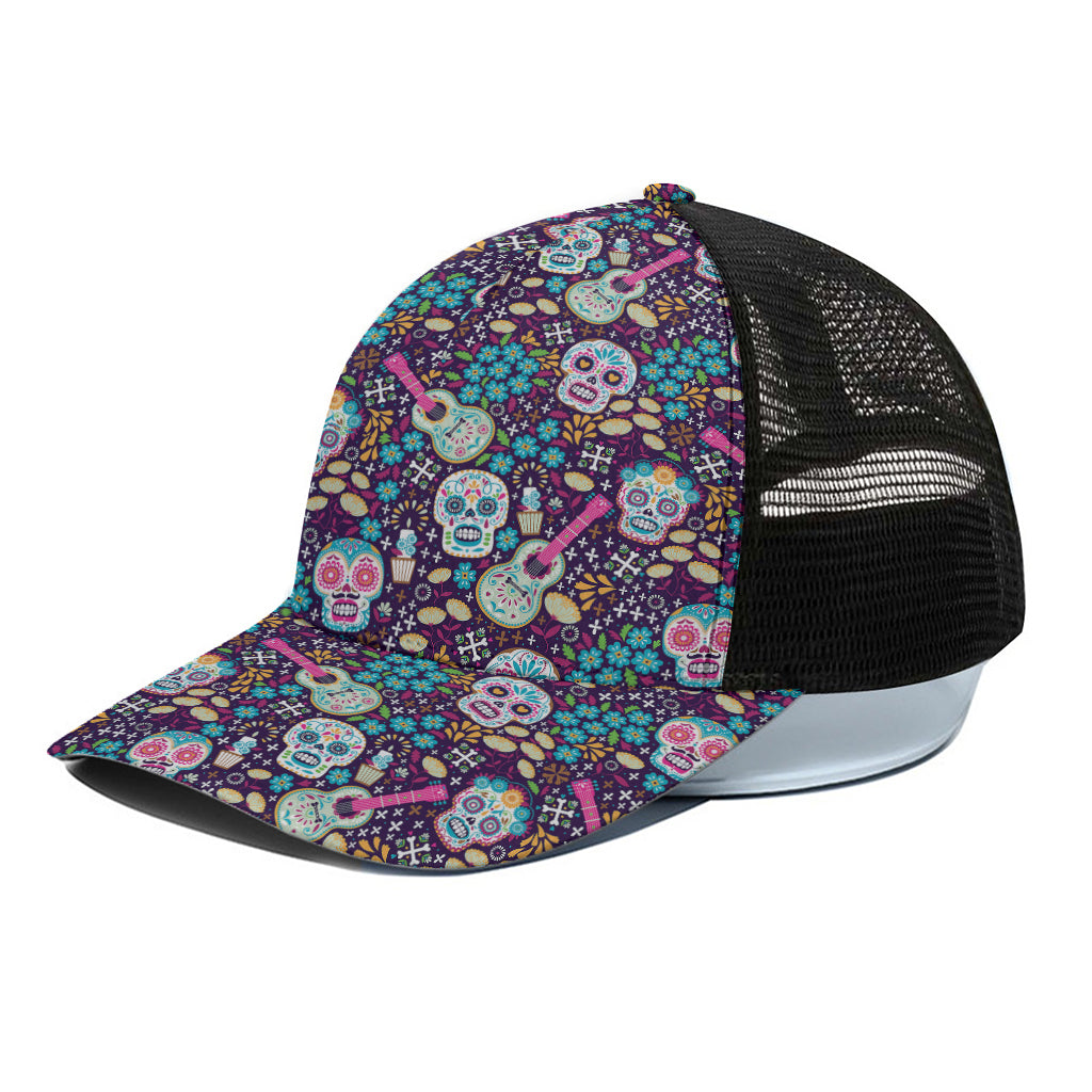 Calaveras Day Of The Dead Pattern Print Black Mesh Trucker Cap