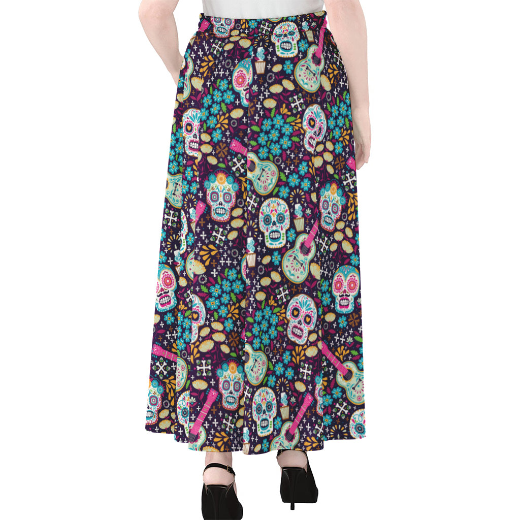 Calaveras Day Of The Dead Pattern Print Chiffon Maxi Skirt