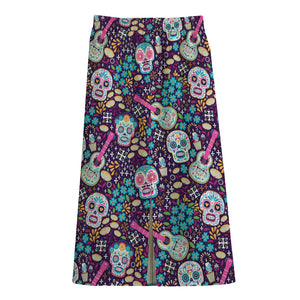 Calaveras Day Of The Dead Pattern Print Cotton Front Slit Maxi Skirt