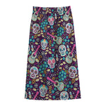 Calaveras Day Of The Dead Pattern Print Cotton Front Slit Maxi Skirt