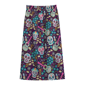 Calaveras Day Of The Dead Pattern Print Cotton Front Slit Maxi Skirt