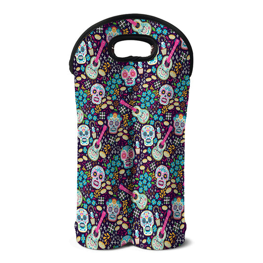 Calaveras Day Of The Dead Pattern Print Double Neoprene Wine Tote
