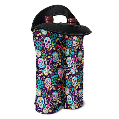 Calaveras Day Of The Dead Pattern Print Double Neoprene Wine Tote