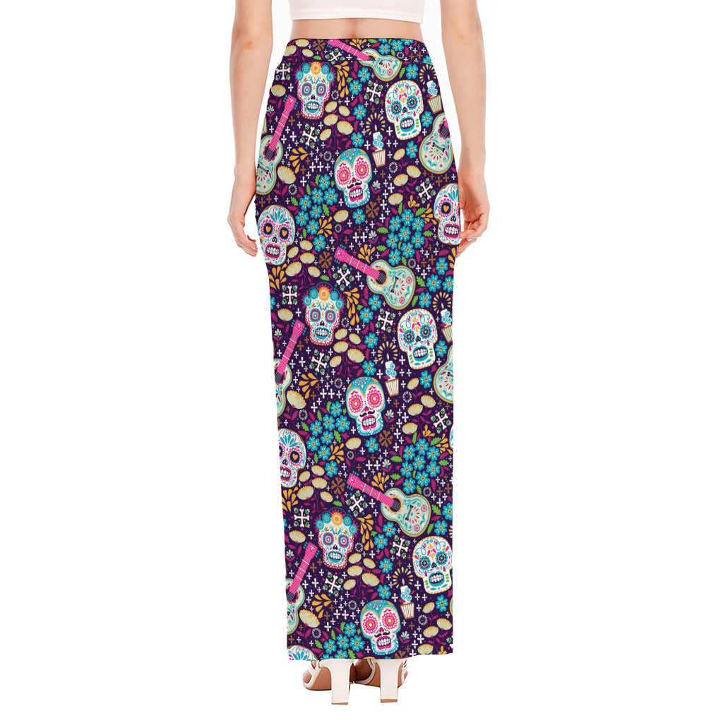 Calaveras Day Of The Dead Pattern Print High Slit Maxi Skirt