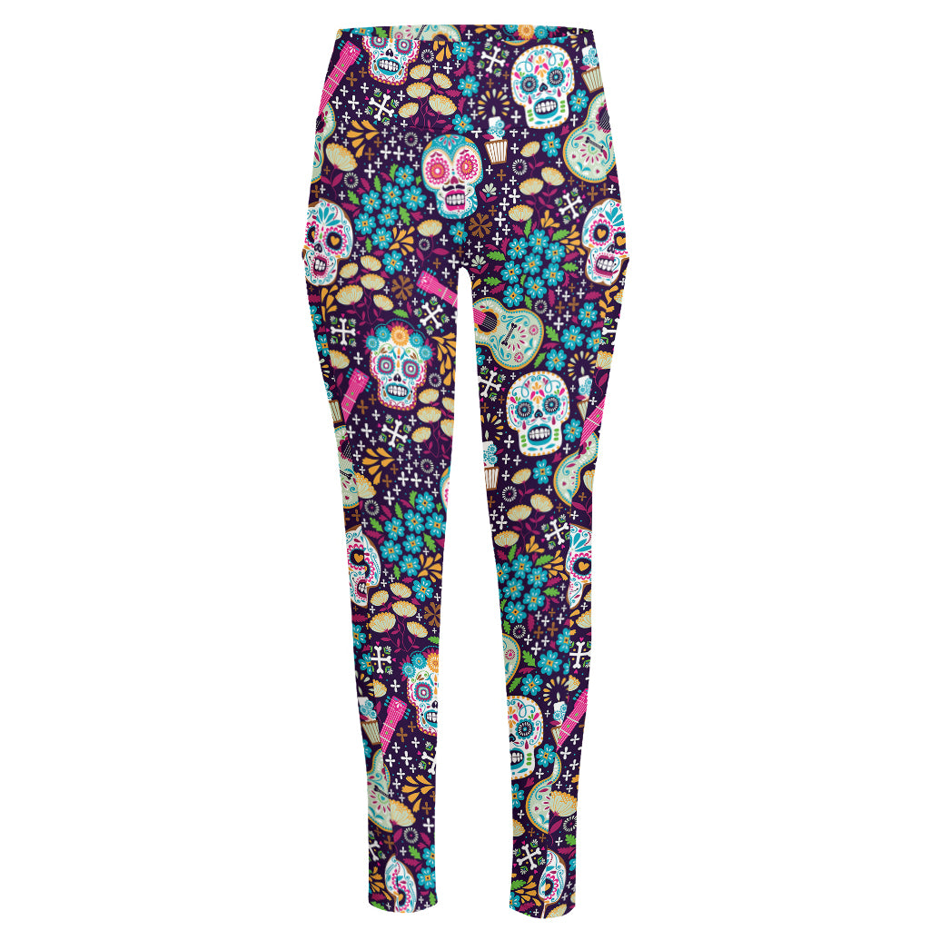 Calaveras Day Of The Dead Pattern Print High-Waisted Pocket Leggings