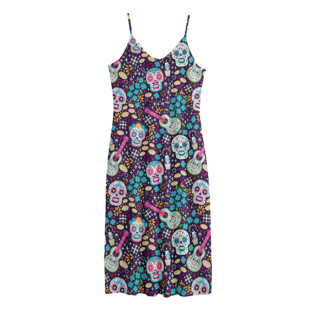 Calaveras Day Of The Dead Pattern Print Jersey Midi Cami Dress