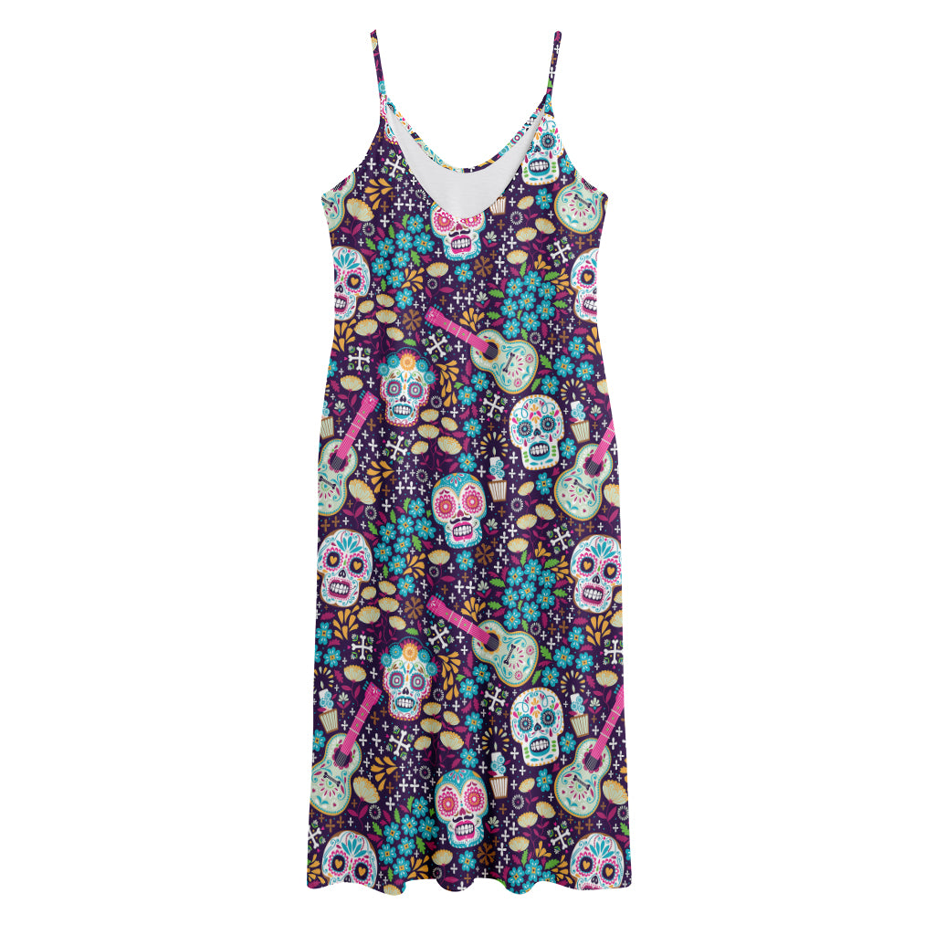 Calaveras Day Of The Dead Pattern Print Jersey Midi Cami Dress