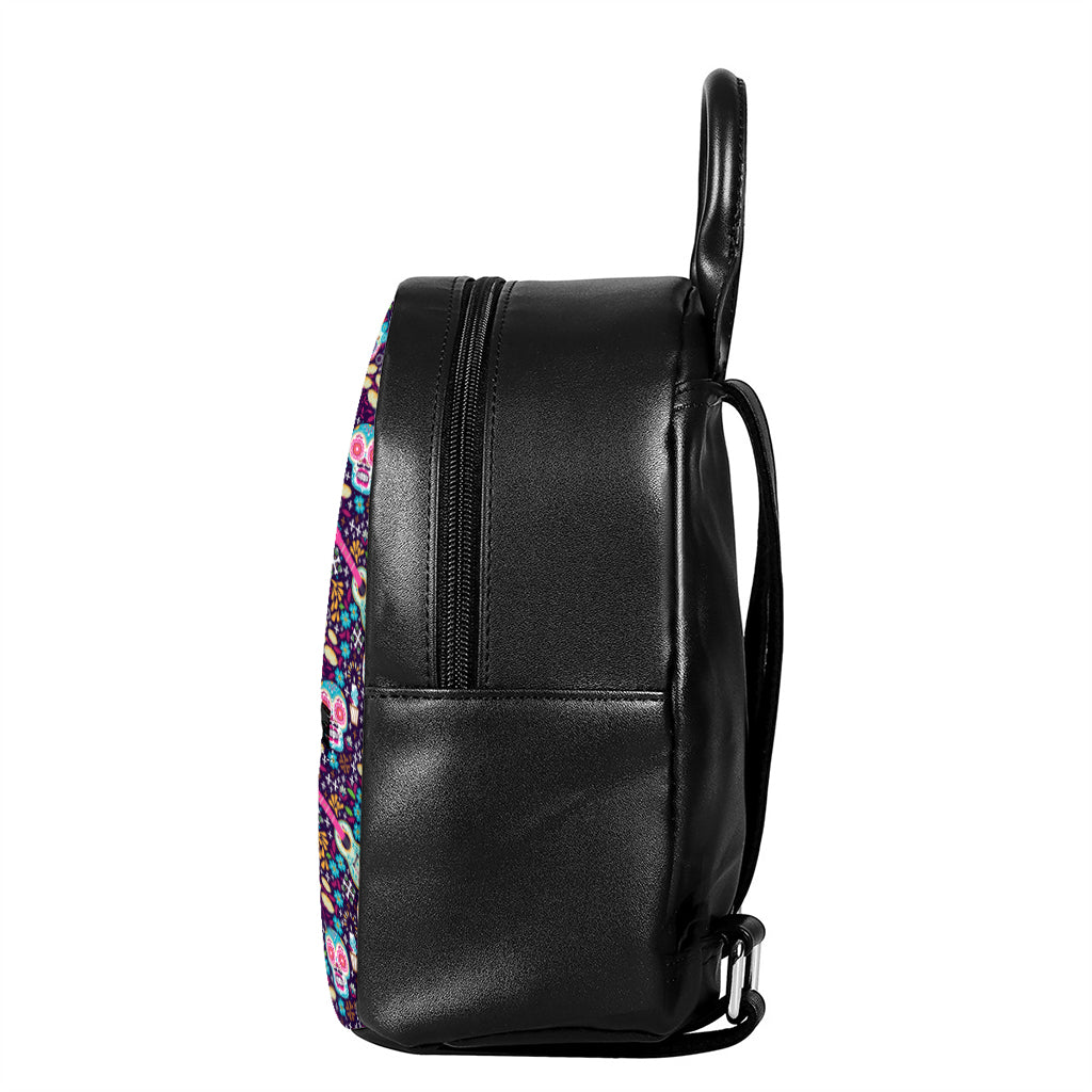 Calaveras Day Of The Dead Pattern Print Leather Backpack