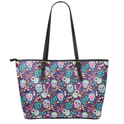 Calaveras Day Of The Dead Pattern Print Leather Tote Bag