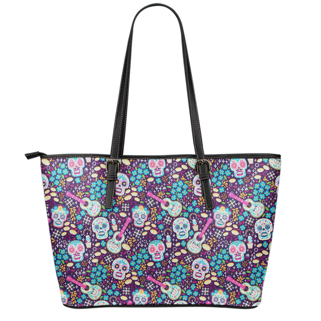 Calaveras Day Of The Dead Pattern Print Leather Tote Bag