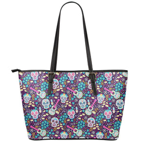 Calaveras Day Of The Dead Pattern Print Leather Tote Bag